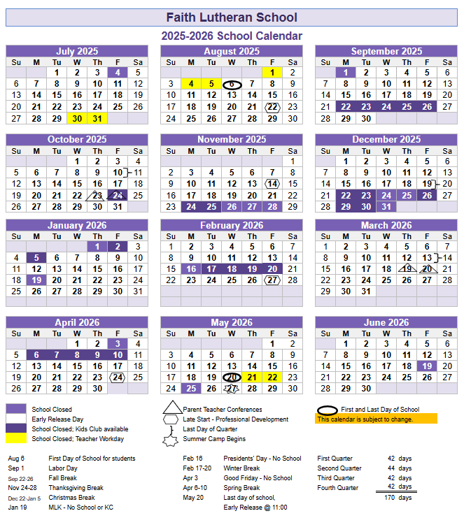 Faith Lutheran School Calendar 2025-2026